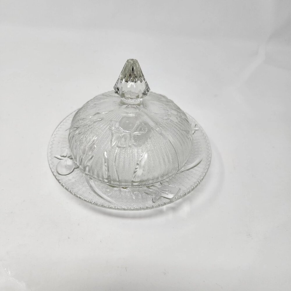 Vintage Jeanette Clear Glass Iris And Herringbone Covered Butter Dish